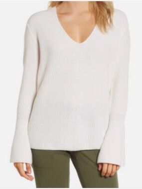 Nordstrom Signature Ivory Rib Knit 100% Cashmere Bell Sleeve Sweater M